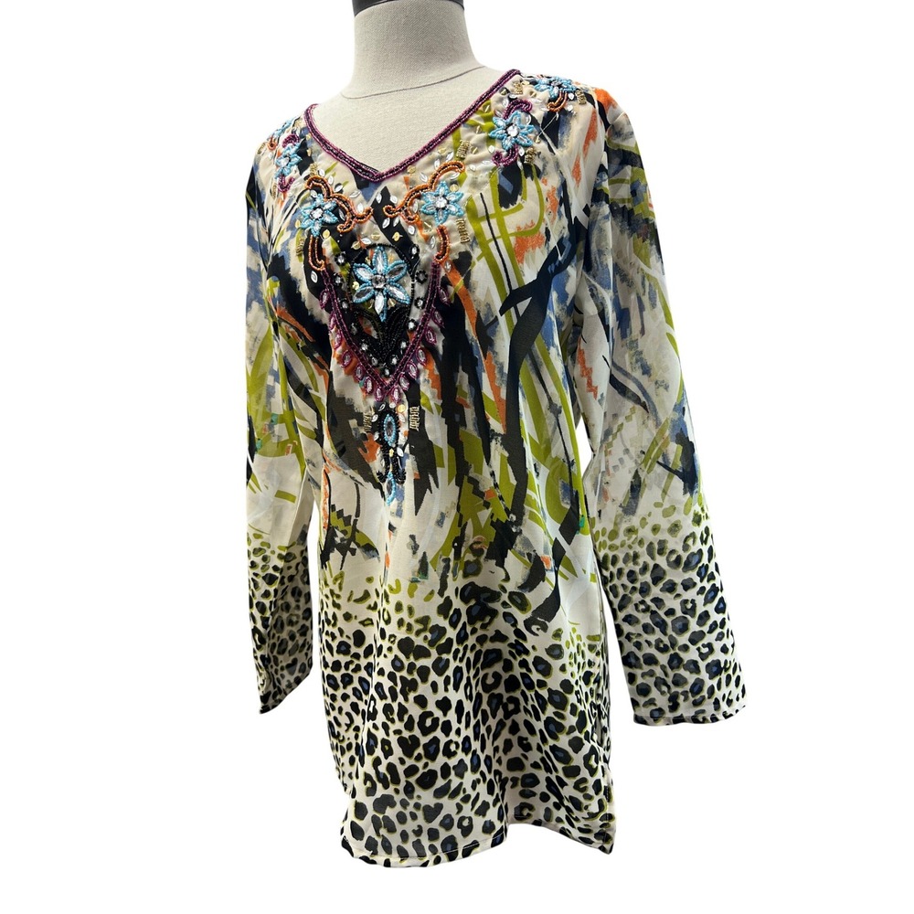 Neiman Marcus Tunic Women S Multicolor Good Beaded Leopard Abstract Print Top‎